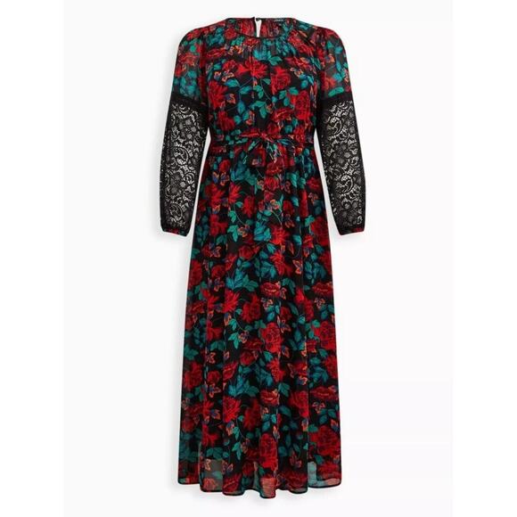 Torrid Maxi Dress Plus Size 2X Peasant Lace Chiffon Black Floral Long Sleeve - Picture 1 of 6